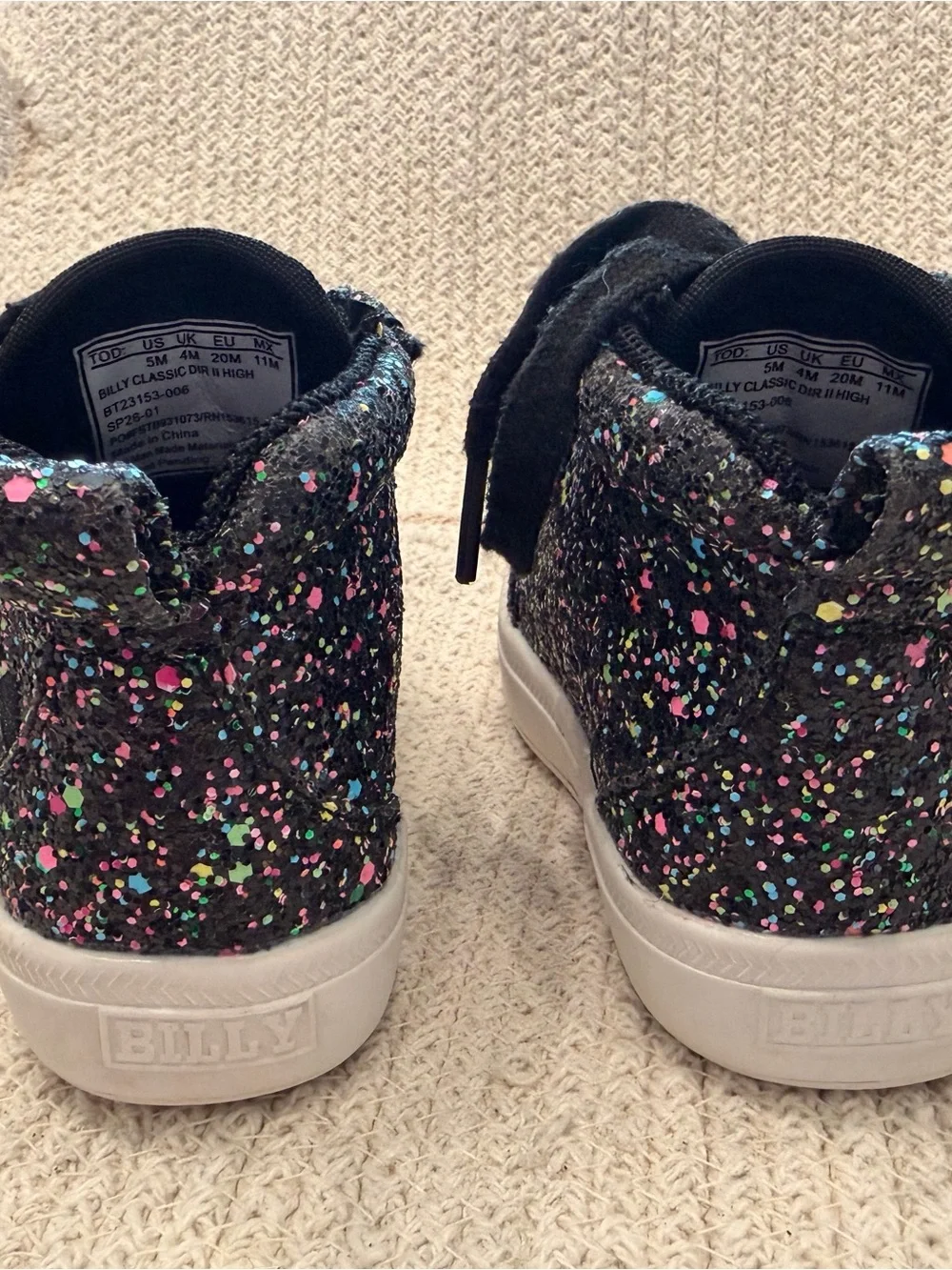 Classic Black High-Top Kids Sneakers with Multicolor Glitter